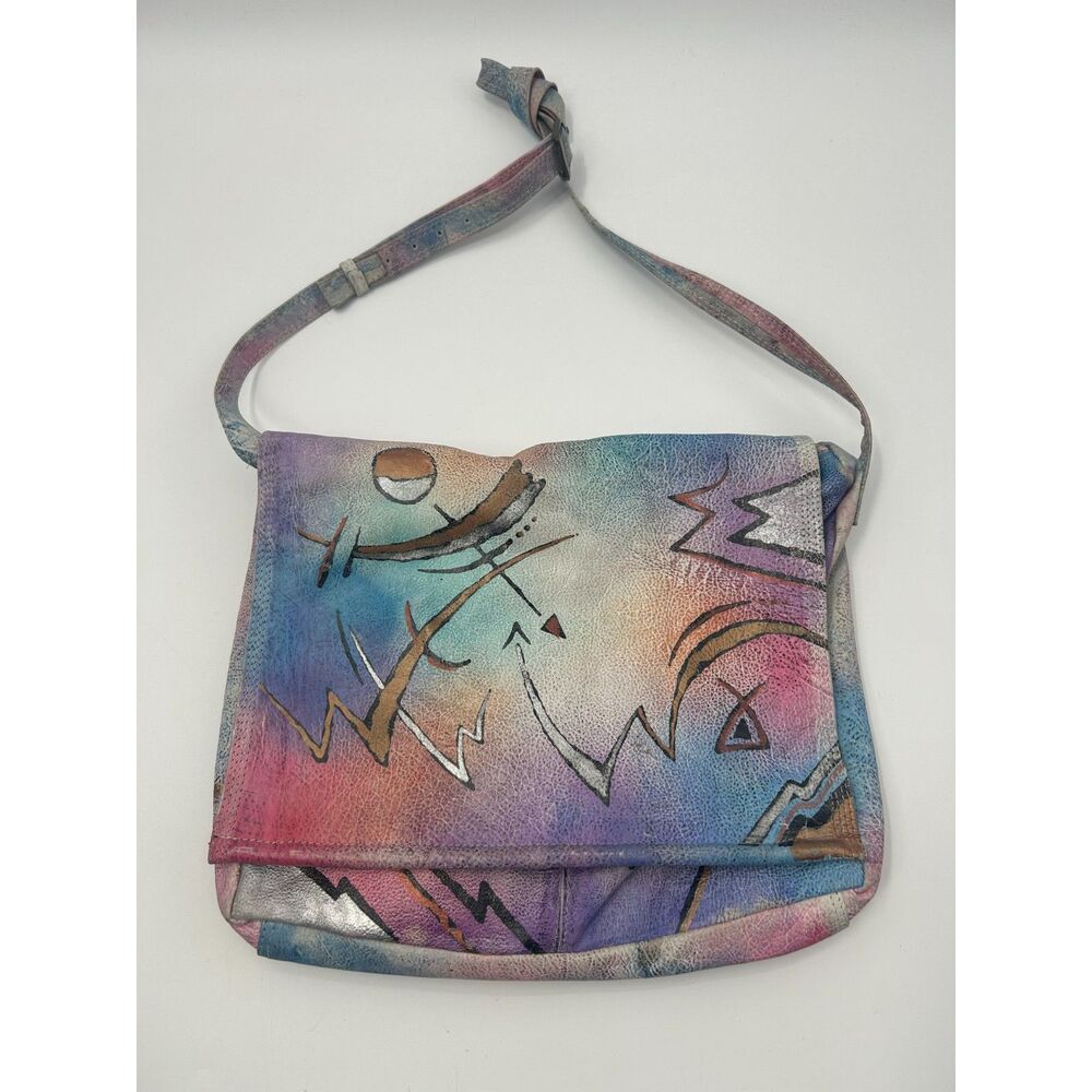 VTG Handpainted 80's Leather Shoulder Bag Wallet Messenger Abstract Arrow Purse